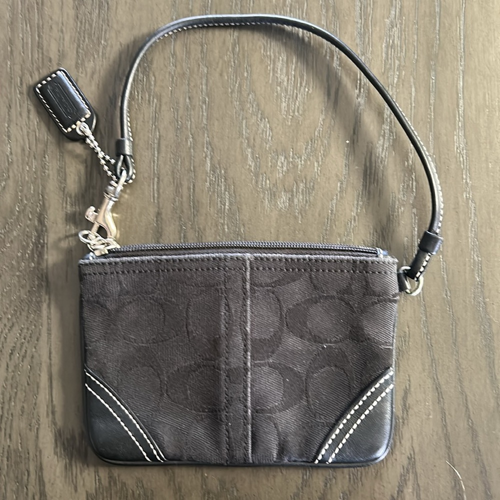 Coach Black Signature Mini Wristlet with Zip Top and Leather Trim - Picture 3 of 4